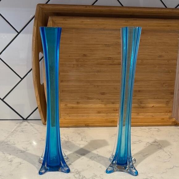 Vintage MCM Style Art Glass Vase Handblown Elephant Foot 11.5in Aqua Blue x2 - Picture 1 of 5